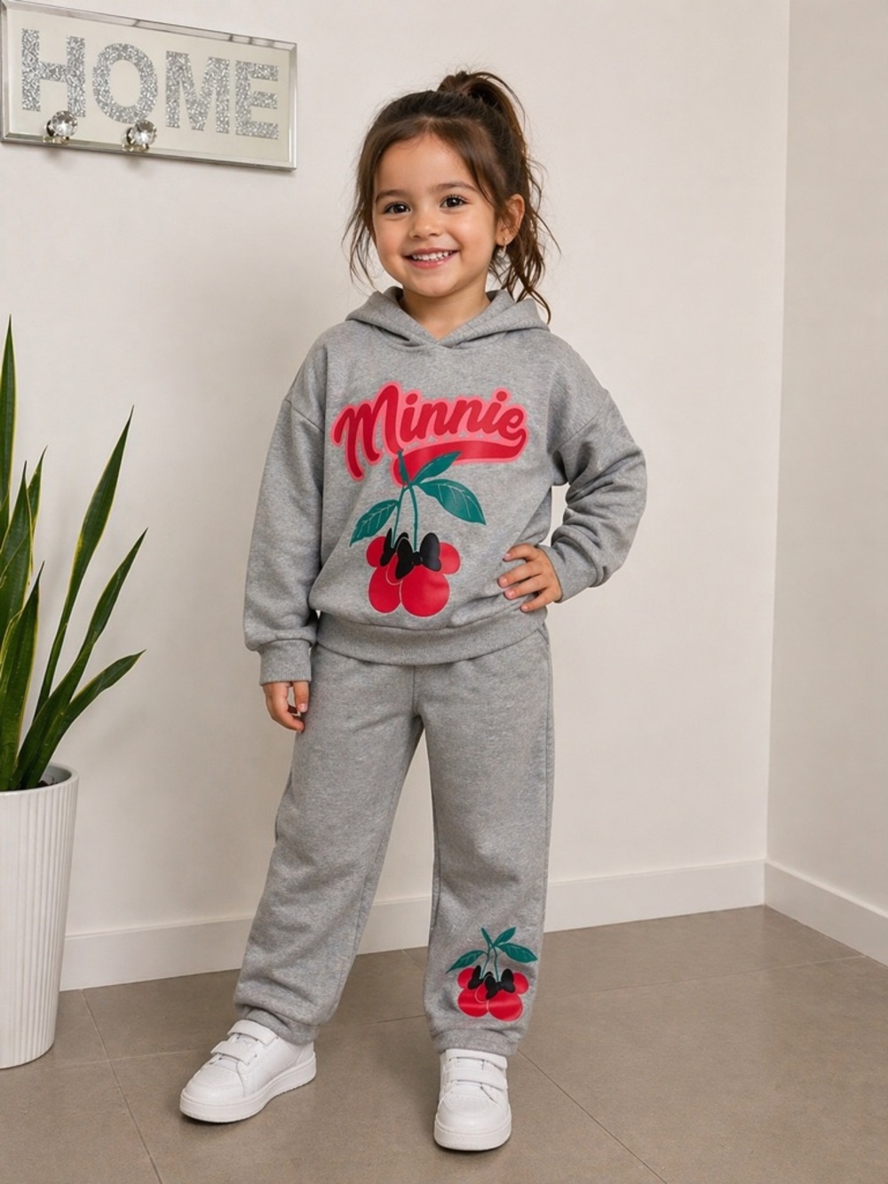 Disney Minnie Mouse Girls 2PC Hoodie Set Gray Cherry Jogger Outfit NWT